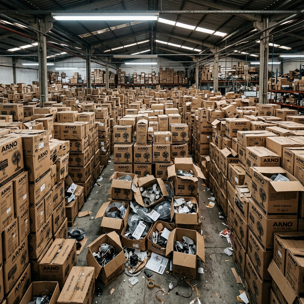 Armazém lotado com caixas de ventiladores Arno